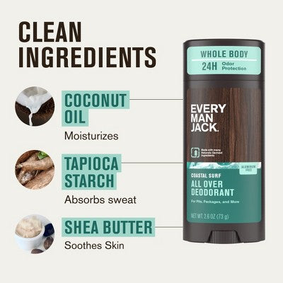 Every Man Jack All Over Solid Deodorant Coastal Surf 2.6oz - New