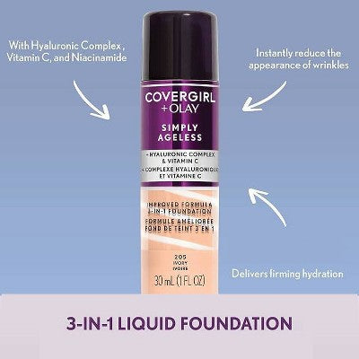 COVERGIRL + Olay Simply Ageless 3-in-1 Liquid Foundation with Hyaluronic Complex + Vitamin C 220 Creamy Natural 1 fl oz - Imperfect Container
