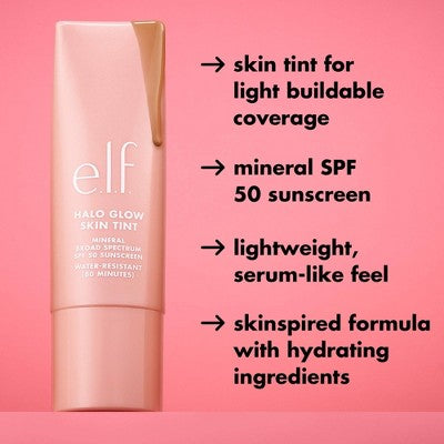 e.l.f. Halo Glow Skin Tint Light Coverage Foundation Mineral SPF 50 9 Medium Cool 1 fl oz - Imperfect Box